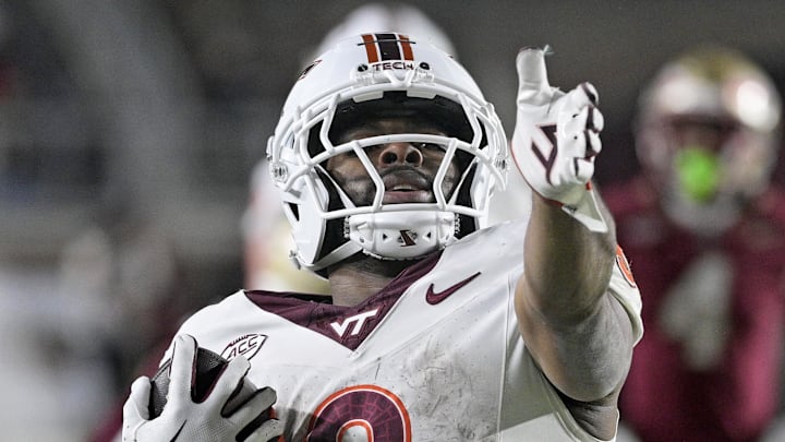 Nov 15, 2025; Tallahassee, Fla.; Virginia Tech running back Terion Stewart (8) celebrates a first down.