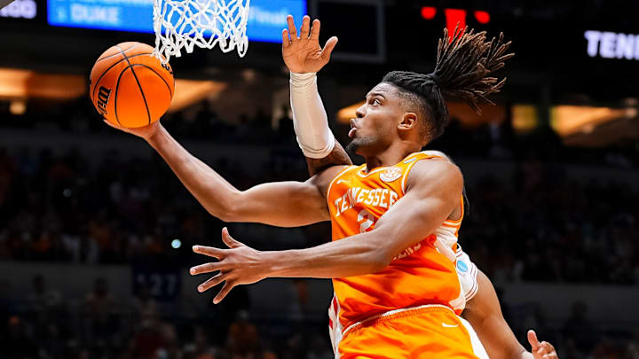 Tennessee guard Chaz Lanier (2) attempts a shot during a NCAA Tournament Elite Eight game between Tennessee and Houston at Lucas Oil Stadium in Indianapolis, Ind., on Sunday, March 30, 2025.
