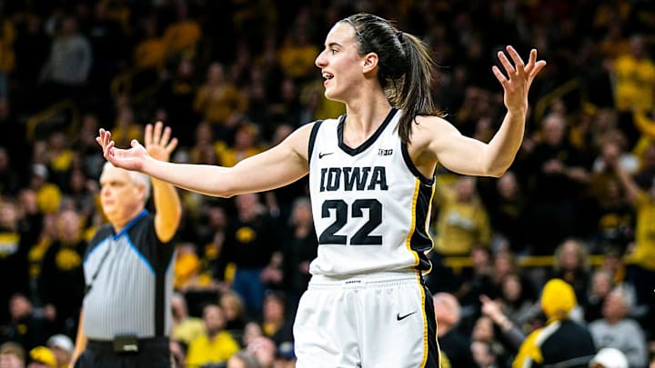 Iowa guard Caitlin Clark reacts during a NCAA Big Ten Conference women's basketball game against Indiana, Sunday, Feb. 26, 2023, at Carver-Hawkeye Arena in Iowa City, Iowa.