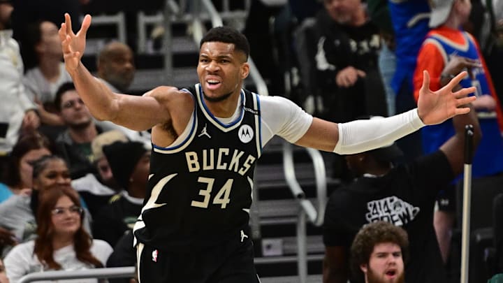 Apr 10, 2025; Milwaukee, Wisconsin, USA; Milwaukee Bucks forward Giannis Antetokounmpo (34) reacts in the second quarter against the New Orleans Pelicans at Fiserv Forum. Mandatory Credit: Benny Sieu-Imagn Images Apr 10, 2025; Milwaukee, Wisconsin, USA; Milwaukee Bucks forward Giannis Antetokounmpo (34) reacts in the second quarter against the New Orleans Pelicans at Fiserv Forum. Mandatory Credit: Benny Sieu-Imagn Images