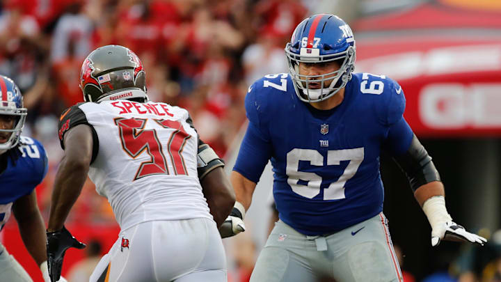 Oct 1, 2017; Tampa, FL, USA; New York Giants offensive guard Justin Pugh (67) blocks as Tampa Bay Buccaneers defensive end Noah Spence (57) rushes during the second half at Raymond James Stadium. Mandatory Credit: Kim Klement-Imagn Images Oct 1, 2017; Tampa, FL, USA; New York Giants offensive guard Justin Pugh (67) blocks as Tampa Bay Buccaneers defensive end Noah Spence (57) rushes during the second half at Raymond James Stadium. Mandatory Credit: Kim Klement-Imagn Images