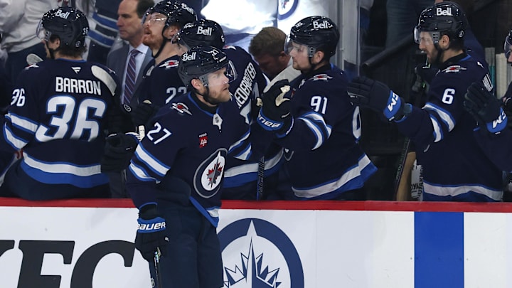 May 9, 2025; Winnipeg, Manitoba, CAN; Winnipeg Jets left wing Nikolaj Ehlers (27) celebrates his goal against the Dallas Stars in the first period in game two of the second round of the 2025 Stanley Cup Playoffs at Canada Life Centre. Mandatory Credit: James Carey Lauder-Imagn Images