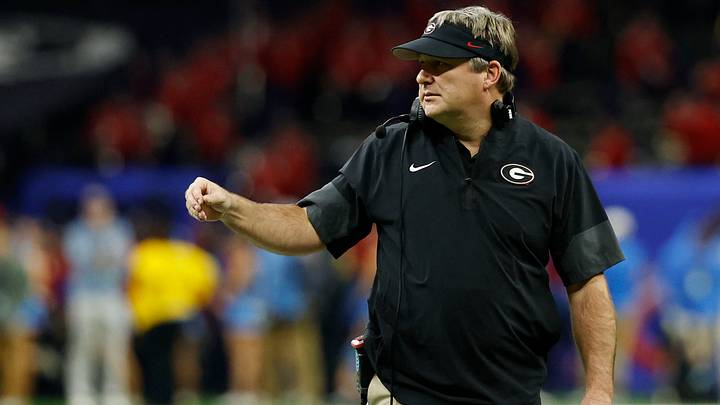 Jan 1, 2026; New Orleans, LA, USA; Georgia Bulldogs head coach Kirby Smart gestures from the sidelines against the Mississippi Rebels during the first half during the 2025 Sugar Bowl and quarterfinal game of the College Football Playoff at Caesars Superdome. Mandatory Credit: Geoff Burke-Imagn Images