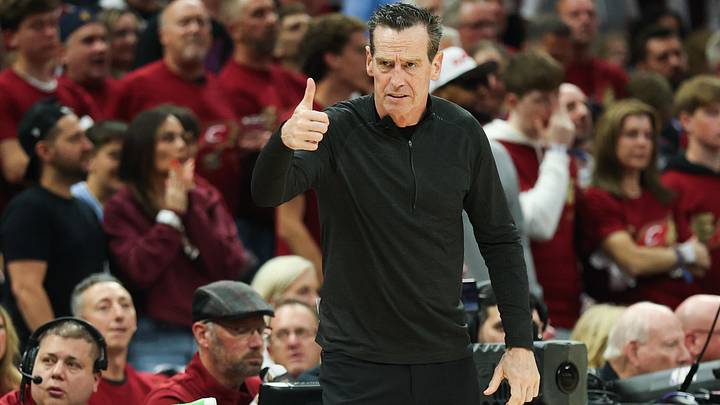 May 23, 2026; Cleveland, Ohio, USA; Cleveland Cavaliers head coach Kenny Atkinson reacts in the second quarter against the New York Knicks during game three of the eastern conference finals for the 2026 NBA playoffs at Rocket Arena. Mandatory Credit: Scott Galvin-Imagn Images