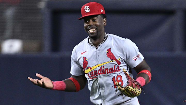 Apr 1, 2024; San Diego, California, USA; St. Louis Cardinals right fielder Jordan Walker (18) reacts after a catch to end the fifth inning against the San Diego Padres at Petco Park. Mandatory Credit: Orlando Ramirez-USA TODAY Sports 