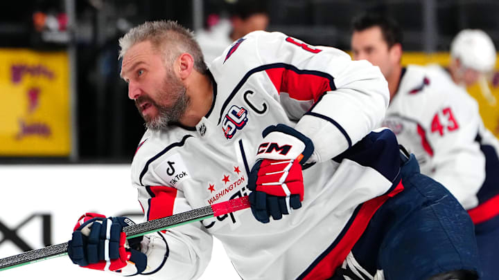 Nov 17, 2024; Las Vegas, Nevada, USA; Washington Capitals left wing Alex Ovechkin (8) warms up before a game against the Vegas Golden Knights at T-Mobile Arena. Mandatory Credit: Stephen R. Sylvanie-Imagn Images