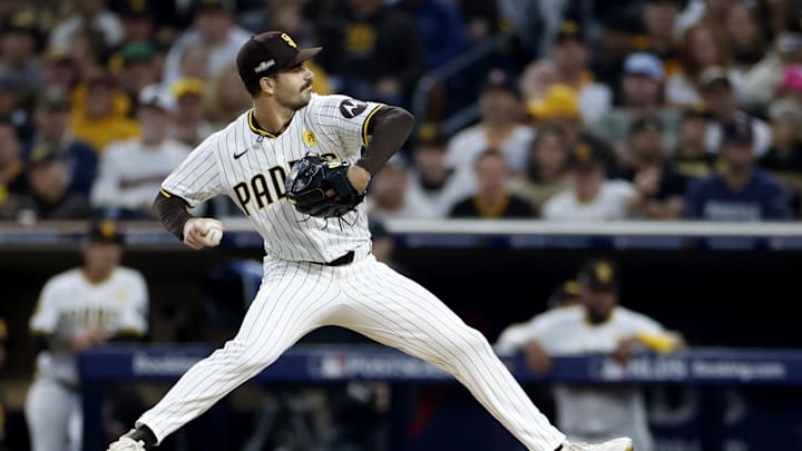 Oct 9, 2024; San Diego, California, USA; San Diego Padres pitcher Dylan Cease (84) throws in the second inning against the Los Angeles Dodgers during game four of the NLDS for the 2024 MLB Playoffs at Petco Park.
