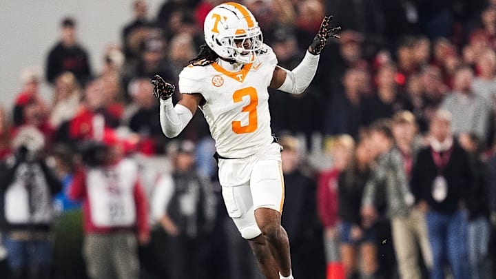 Tennessee defensive back Jermod McCoy (3) celebrates after making a play during a college football game between Tennessee and Georgia at Sanford Stadium in Athens, Ga., on Saturday, November 16, 2024.