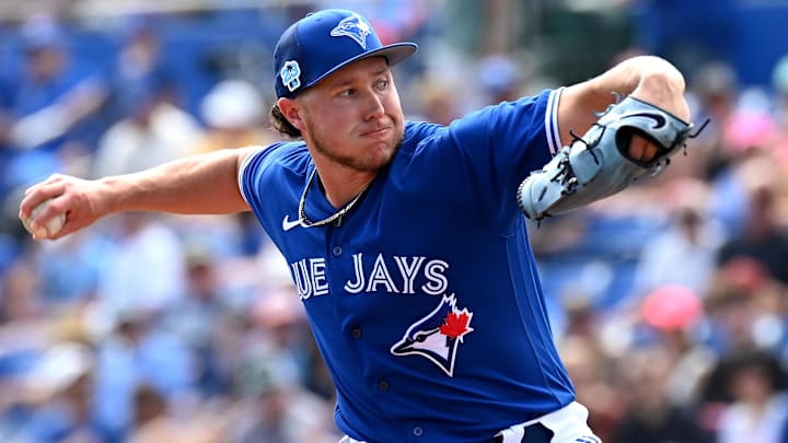 Feb 26, 2023; Dunedin, Florida, USA; Toronto Blue Jays pitcher Nate Pearson (24) throws a pitch in