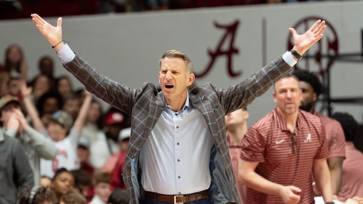 Feb 18, 2026; Tuscaloosa, AL, USA; Alabama head coach Nate Oats yells about a call he disagreed with during the game with Arkansas at Coleman Coliseum. Alabama defeated Arkansas 117-115 in double overtime. Mandatory Credit: Gary Cosby Jr.-Tuscaloosa News