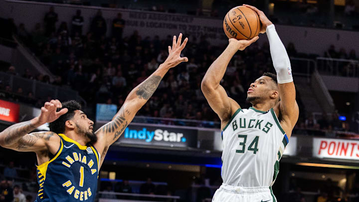 Jan 3, 2024; Indianapolis, Indiana, USA; Milwaukee Bucks forward Giannis Antetokounmpo (34) shoots
