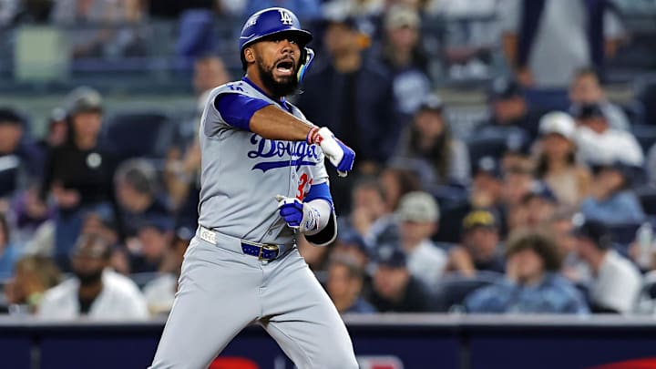 Oct 30, 2024; New York, New York, USA; Los Angeles Dodgers outfielder Teoscar Hernandez (37) celebrates after hitting a single during the ninth inning against the New York Yankees in game four of the 2024 MLB World Series at Yankee Stadium. Mandatory Credit: Brad Penner-Imagn Images