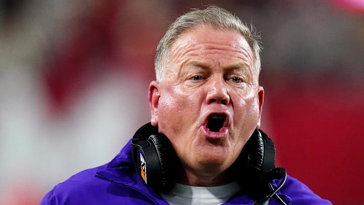 Nov 4, 2023; Tuscaloosa, Alabama, USA; LSU Tigers head coach Brian Kelly yells to a side judge during the second half against the Alabama Crimson Tide at Bryant-Denny Stadium.