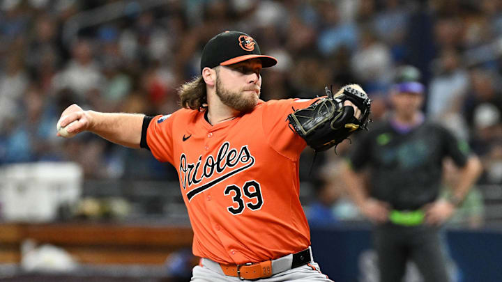 Aug 10, 2024; St. Petersburg, Florida, USA; Baltimore Orioles starting pitcher Corbin Burnes (39) throws a pitch in the first inning against the Tampa Bay Rays at Tropicana Field.