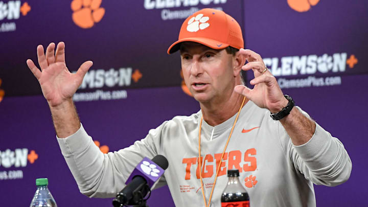 Clemson football head coach Dabo Swinney talks with media before the first football practice at the Allen N. Reeves Football Complex at Clemson University in Clemson, S.C. Friday, February 28, 2025.
