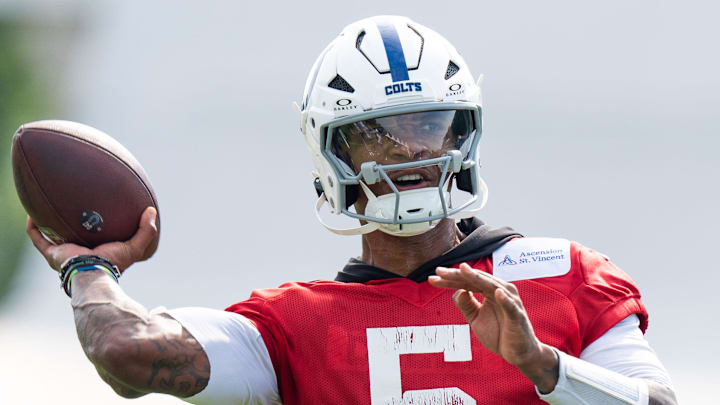Indianapolis Colts quarterback Anthony Richardson Sr. (5) passes Friday, July 25, 2025, during training camp held at Grand Park in Westfield.