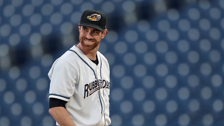 Guardians pitcher Shane Bieber smiles as he takes the mound during the first inning of his rehab start for the Akron RubberDucks at Canal Park, Tuesday, Sept. 12, 2023.