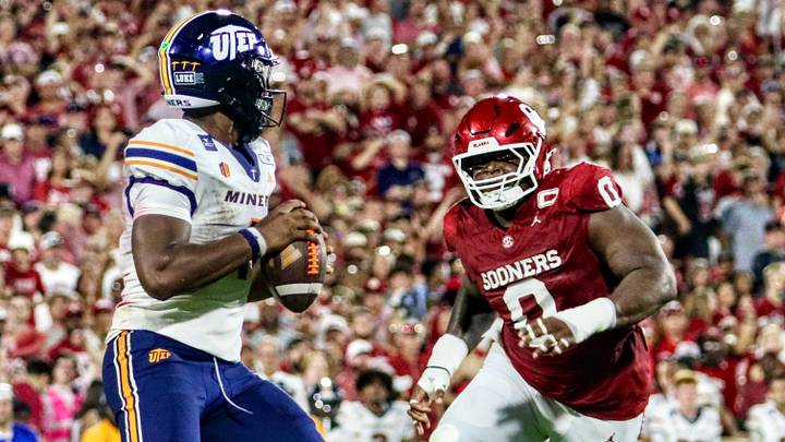 Oklahoma defensive lineman David Stone pursues UTEP quarterback EJ Colson. The Sooners' defense wasn't particularly sharp against the Miners, but OU remains confident after last season's defensive dominance.