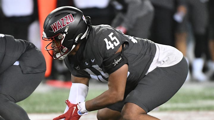 Nov 17, 2023; Pullman, Washington, USA; Washington State Cougars defensive end Raam Stevenson (45) lines up for a play against the Colorado Buffaloes in the second half at Gesa Field at Martin Stadium. Mandatory Credit: James Snook-Imagn Images