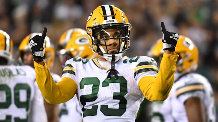 Nov 27, 2022; Philadelphia, Pennsylvania, USA; Green Bay Packers cornerback Jaire Alexander (23) acknkowledges the crowd against the Philadelphia Eagles during the fourth quarter at Lincoln Financial Field. Mandatory Credit: Eric Hartline-Imagn Images