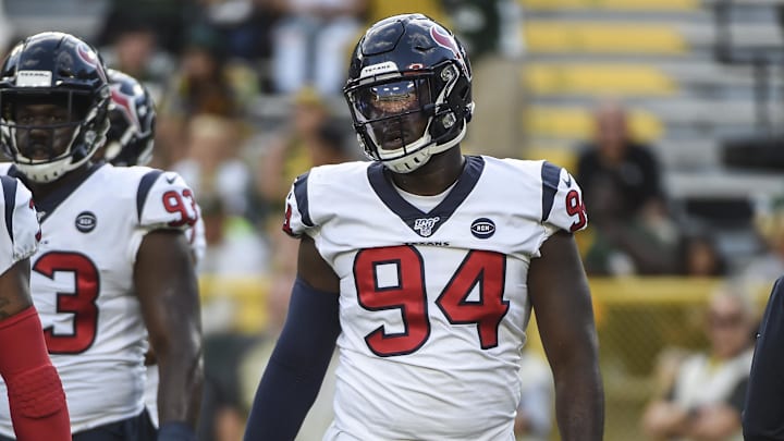 Aug 8, 2019; Green Bay, WI, USA; Houston Texans defensive end Charles Omenihu (94) warms up before game against the Green Bay Packers at Lambeau Field. Mandatory Credit: Benny Sieu-Imagn Images