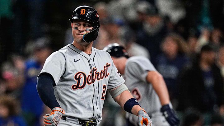 Detroit Tigers first baseman Spencer Torkelson (20) reacts after striking out against Seattle Mariners during the thirteenth inning during ALDS Game 5 at T-Mobile Park in Seattle on Friday, Oct. 10, 2025.