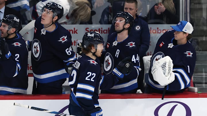 Mar 30, 2025; Winnipeg, Manitoba, CAN; Winnipeg Jets center Mason Appleton (22) celebrates his goal against the Vancouver Canucks in the third period at Canada Life Centre. Mandatory Credit: James Carey Lauder-Imagn Images