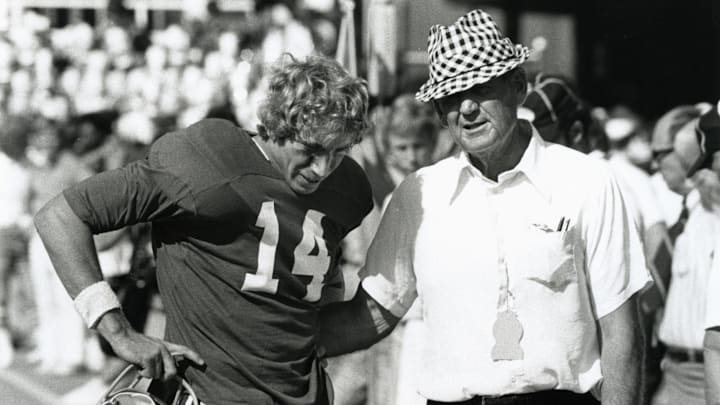 Unknown date; Tuscaloosa, AL, USA; FILE PHOTO; Alabama Crimson Tide head coach Paul Bear Bryant talk with quarterback Richard Todd (14).
