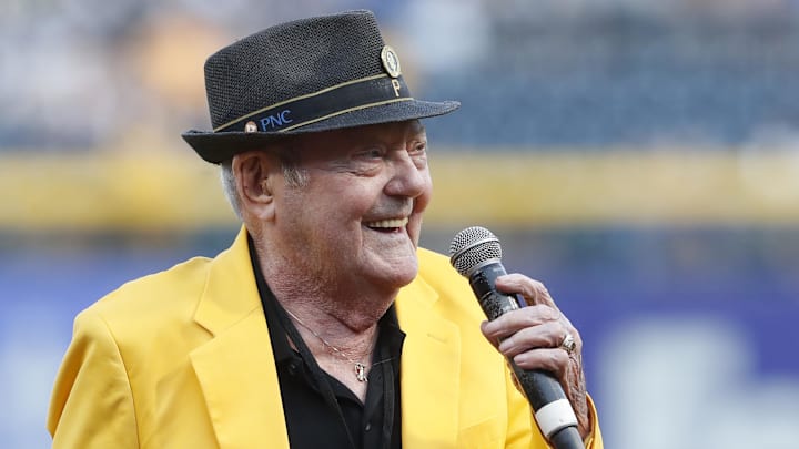 Aug 26, 2023; Pittsburgh, Pennsylvania, USA; Pittsburgh Pirates former relief pitcher ElRoy Face speaks s to the crowd during a ceremony honoring those inducted into the 2023 Hall of Fame Class of the Pirates organization before the game against the Chicago Cubs at PNC Park. Mandatory Credit: Charles LeClaire-Imagn Images