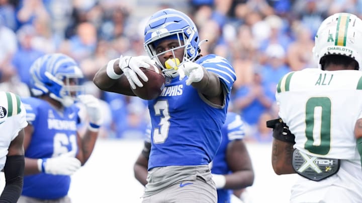 Memphis' Roc Taylor (3) points down the field after making a catch during the game between Charlotte and the University of Memphis at Simmons Bank Liberty Stadium on Saturday, October 26, 2024. Memphis' Roc Taylor (3) points down the field after making a catch during the game between Charlotte and the University of Memphis at Simmons Bank Liberty Stadium on Saturday, October 26, 2024.
