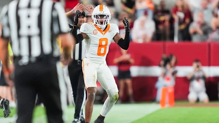 Tennessee defensive back Colton Hood (8) doesn't like the penalty call during a college football game between Tennessee and Alabama at Bryant-Denny Stadium in Tuscaloosa, Ala., on Oct. 18, 2025.