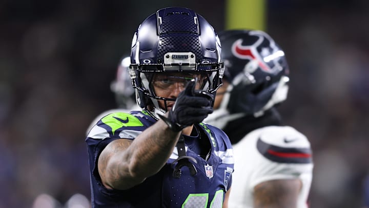Oct 20, 2025; Seattle, Washington, USA; Seattle Seahawks wide receiver Jaxon Smith-Njigba (11) celebrates after a first down during the third quarter against the Houston Texans at Lumen Field. Mandatory Credit: Kevin Ng-Imagn Images