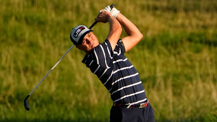 Team USA golfer Justin Thomas takes a shot on the 18th hole during day one fourballs round for the 44th Ryder Cup golf competition at Marco Simone Golf and Country Club. 