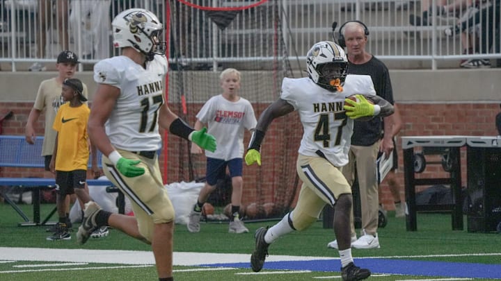 TL Hanna High linebacker runs during the first quarter at Nixon Field at Byrnes High School in Duncan, S.C. Friday, August 22, 2025.