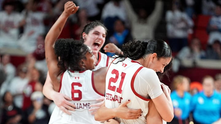 Oklahoma's Brooklyn Stewart celebrates with teammates following the Sooners' victory over South Carolina. Oklahoma's Brooklyn Stewart celebrates with teammates following the Sooners' victory over South Carolina.