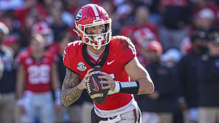 Nov 23, 2024; Athens, Georgia, USA; Georgia Bulldogs quarterback Carson Beck (15) in action against the Massachusetts Minutemen at Sanford Stadium. Mandatory Credit: Dale Zanine-Imagn Images