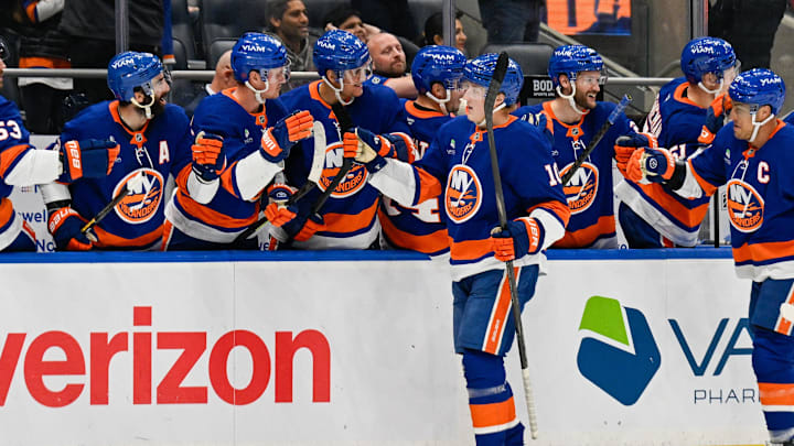 Oct 23, 2025; Elmont, New York, USA; New York Islanders right wing Simon Holmstrom (10) celebrates his goal against the Detroit Red Wings during the third period at UBS Arena. Mandatory Credit: Dennis Schneidler-Imagn Images Oct 23, 2025; Elmont, New York, USA; New York Islanders right wing Simon Holmstrom (10) celebrates his goal against the Detroit Red Wings during the third period at UBS Arena. Mandatory Credit: Dennis Schneidler-Imagn Images