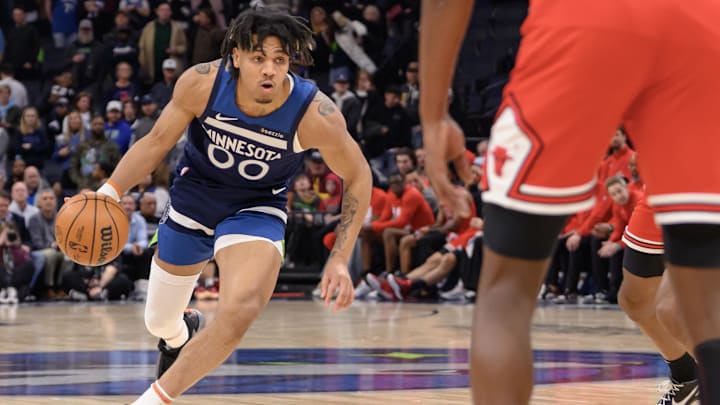Minnesota Timberwolves guard Terrence Shannon Jr. controls the ball against the Chicago Bulls during the fourth quarter at Target Center in Minneapolis on Feb. 5, 2025. Minnesota Timberwolves guard Terrence Shannon Jr. controls the ball against the Chicago Bulls during the fourth quarter at Target Center in Minneapolis on Feb. 5, 2025.