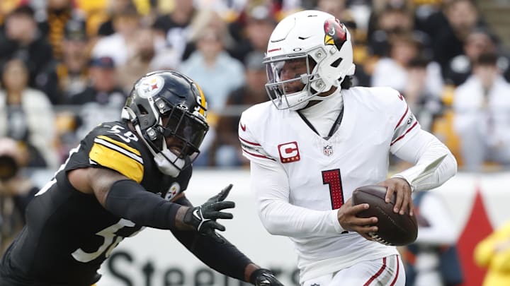 Dec 3, 2023; Pittsburgh, Pennsylvania, USA;  Arizona Cardinals quarterback Kyler Murray (1) escapes