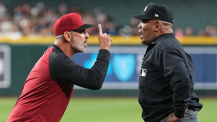 Arizona Diamondbacks manager Torey Lovullo argues with first base umpire Laz Diaz during the seventh inning after being thrown out of the game against the Baltimore Orioles at Chase Field. 