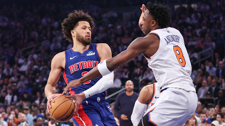Apr 19, 2025; New York, New York, USA; Detroit Pistons guard Cade Cunningham (2) looks to drive past New York Knicks forward OG Anunoby (8) in Game One of the First Round of the NBA Playoffs at Madison Square Garden. Mandatory Credit: Wendell Cruz-Imagn Images Apr 19, 2025; New York, New York, USA; Detroit Pistons guard Cade Cunningham (2) looks to drive past New York Knicks forward OG Anunoby (8) in Game One of the First Round of the NBA Playoffs at Madison Square Garden. Mandatory Credit: Wendell Cruz-Imagn Images