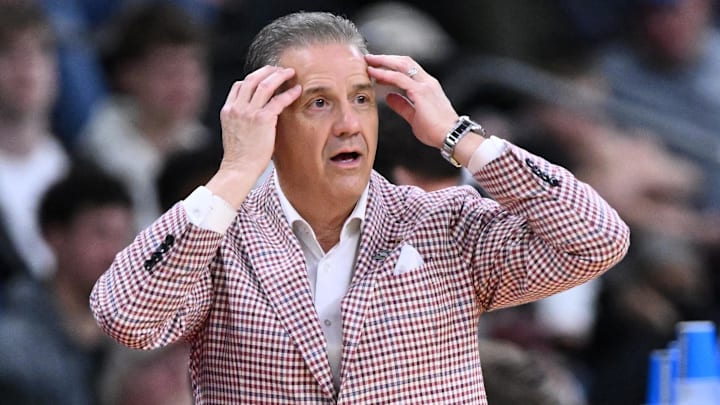 Mar 22, 2025; Providence, RI, USA; Arkansas Razorbacks head coach John Calipari during the first half of a second round men’s NCAA Tournament game against the St. John's Red Storm at Amica Mutual Pavilion. Mandatory Credit: Brian Fluharty-Imagn Images