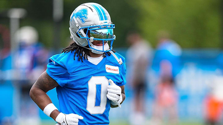 Detroit Lions running back Jahmyr Gibbs (0) practices during training camp at Meijer Performance Center in Allen Park on Sunday, July 20, 2025. Detroit Lions running back Jahmyr Gibbs (0) practices during training camp at Meijer Performance Center in Allen Park on Sunday, July 20, 2025.