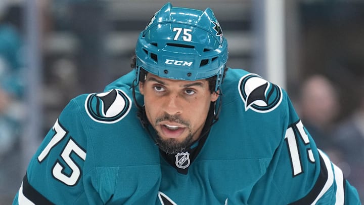 Oct 11, 2025; San Jose, California, USA; San Jose Sharks right wing Ryan Reaves (75) during the first period against the Anaheim Ducks at SAP Center at San Jose. Mandatory Credit: Darren Yamashita-Imagn Images