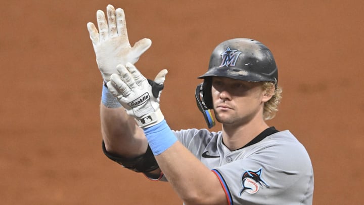 Aug 13, 2025; Cleveland, Ohio, USA; Miami Marlins left fielder Kyle Stowers (28) celebrates his RBI single in the sixth inning against the Cleveland Guardians at Progressive Field. Mandatory Credit: David Richard-Imagn Images
