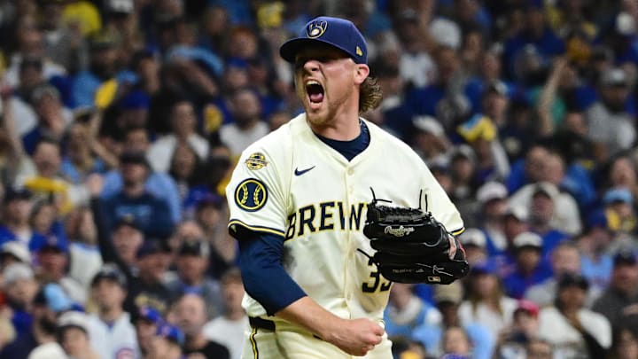 Oct 11, 2025; Milwaukee, Wisconsin, USA; Milwaukee Brewers pitcher Chad Patrick (39) reacts in the seventh inning against the Chicago Cubs during game five of the NLDS round for the 2025 MLB playoffs at American Family Field. Mandatory Credit: Benny Sieu-Imagn Images