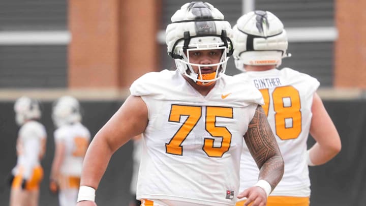 Tennessee offensive lineman Wendell Moe Jr. (75) at the first University of Tennessee spring football practice, Friday, March 7, 2025. Tennessee offensive lineman Wendell Moe Jr. (75) at the first University of Tennessee spring football practice, Friday, March 7, 2025.