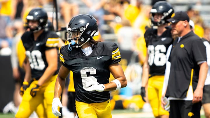 Aug 9, 2025; Iowa wide receiver Seth Anderson (6) runs a route during the Hawkeyes Kids Day NCAA football open practice at Kinnick Stadium in Iowa City, Iowa. Mandatory Credit: Joseph Cress for the Des Moines Register