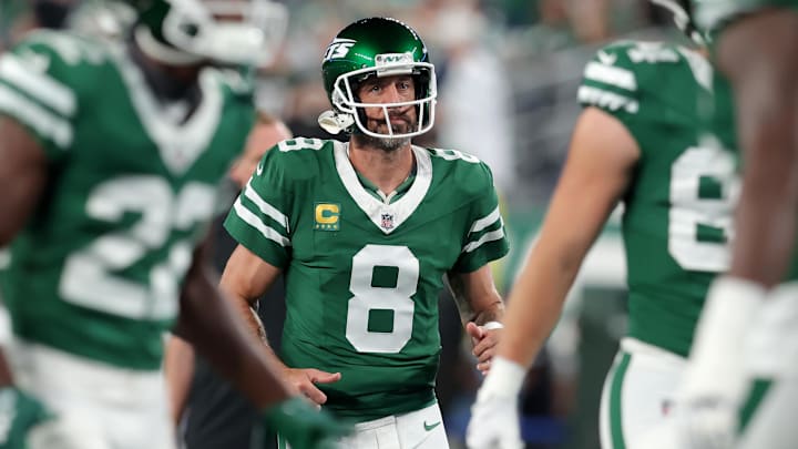 Sep 19, 2024; East Rutherford, New Jersey, USA; New York Jets quarterback Aaron Rodgers (8) warms up before a game against the New England Patriots at MetLife Stadium. Mandatory Credit: Brad Penner-Imagn Images