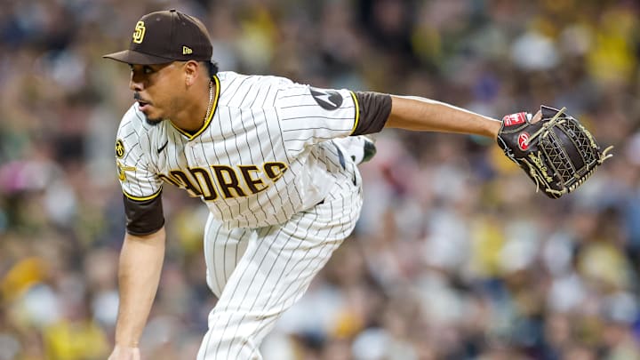 Mar 27, 2026; San Diego, California, USA; San Diego Padres relief pitcher Jeremiah Estrada (56) throws a pitch during the eighth inning against the Detroit Tigers at Petco Park. Mandatory Credit: David Frerker-Imagn Images Mar 27, 2026; San Diego, California, USA; San Diego Padres relief pitcher Jeremiah Estrada (56) throws a pitch during the eighth inning against the Detroit Tigers at Petco Park. Mandatory Credit: David Frerker-Imagn Images